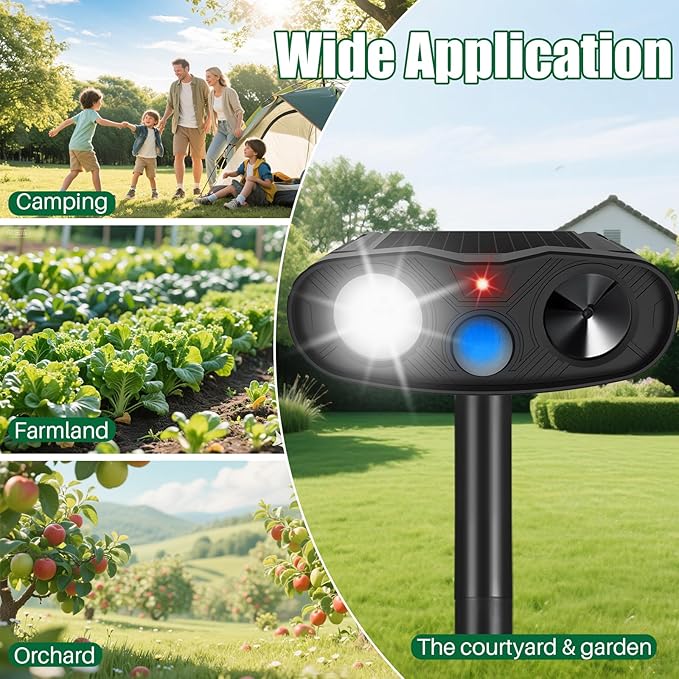 Solar Ultrasonic Animal Repeller Racoon Sonic Fortress Pro Cat Repellent Outdoor, Dog Repellent for Yard with Motion Sensor&Flash Light to Scare Deer Rabbit Coyote Squirrel Out of Garden Farm(4Pack)