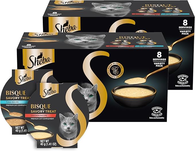 Sheba Bisque Lickable Cat Treats & Cat Food Toppers, Chicken and Tuna Recipes, 1.4 oz. Bowls, 8 Count (Pack of 2)