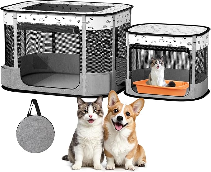 Portable Cat Playpen, Foldable Pet Dog Playpen, for Kitten Puppy Play Pen Indoor/Outdoor, Cats Enclosure Cages Tent with Carrying Case, 600D Oxford 8-Rods, 32"x24"x22", Grey