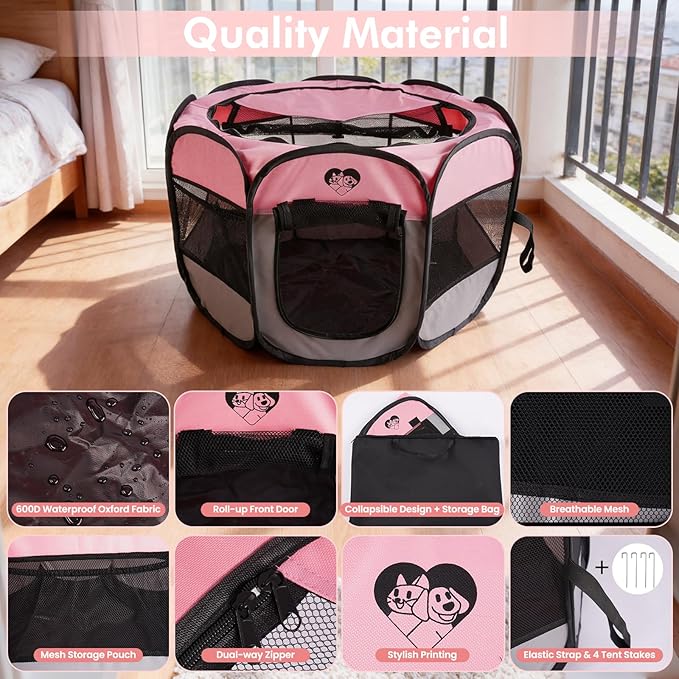 Dog Cat Playpen，Pet Cage - Indoor Outdoor, Portable Foldable Pop Up, Removable Zipper Top，Fits Dogs, Cats, Rabbits(Pink,S)