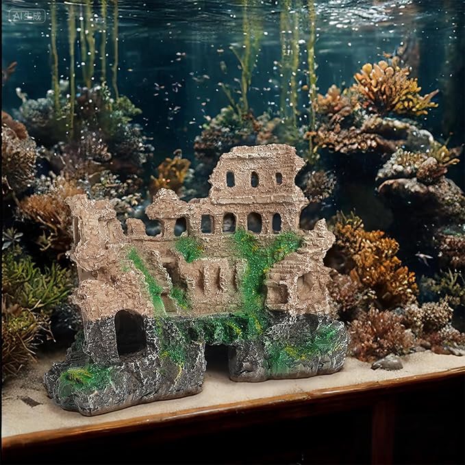 Large Antique Roman Column Ruins Castle Aquarium Decor - Fish Tank Cave Hideout Decorations, Resin European Castle Ornament Safe for Freshwater & Saltwater Tanks