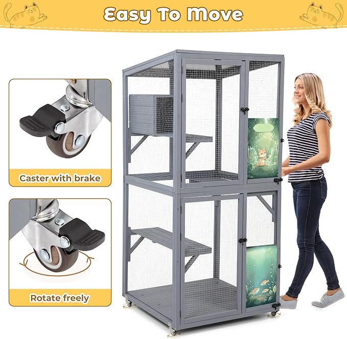 COZIWOW Large Catio Outdoor Cat Enclosure Window Access, Outdoor Cat House with Wheels, Cage for Cats Indoor (Grey, Extra Large)