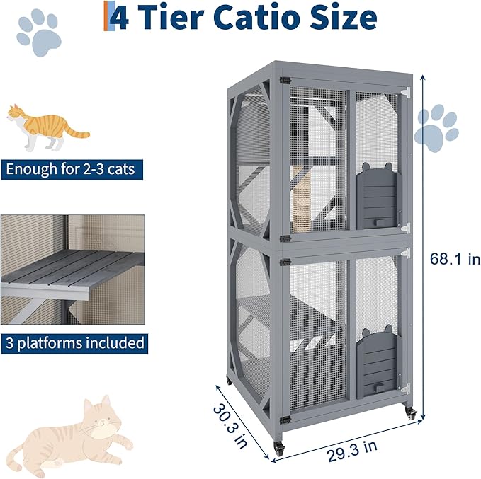 4 Tiers Outdoor Cat Enclosure on Wheels, 68'' Catio with Window Access, Weatherproof Roof Cats House with Scratch Post, Platforms and Resting Box Grey