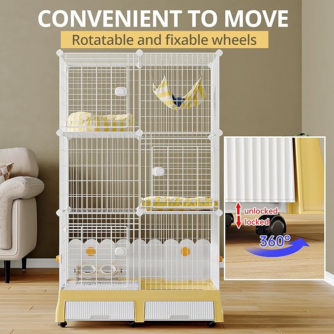 Oneluck Large Cat Cage On Wheels,Cat Enclosure with Litter Box Ideal for 1-3 Cats,Catio 35.5" L x 21.6" W x 62.2" H,Kennel for Cats