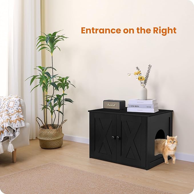 Dwanton Litter Box Enclosure, Cat Litter Box Furniture Hidden, Reversible Entrance Can Be on Left or Right Side, Wooden Cat Washroom Indoor, Black, 27.6 Inches