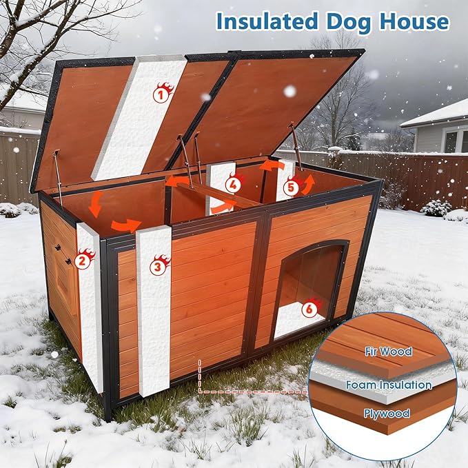 Extra Large Dog House Outdoor 59.1" L Outside Insulated Dog Kennel Weatherproof Winter, 6 Sides All-Round Foam for Small Medium Large Extra Large Dogs, Strong Metal Chew Proof Frame Window