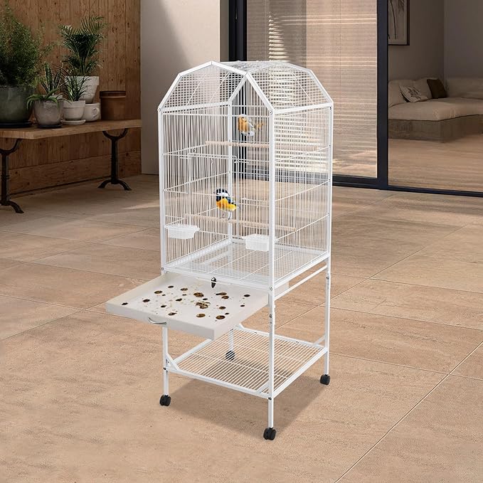 Bird Cage with Wheels, Open Top Breeding Cage Wrought Iron Flight Cage with Rolling Stand, Removable Tray & Feeding Bowls for Parrots, Canaries, Lovebirds Finches, 18" L x 18" W x 54" H