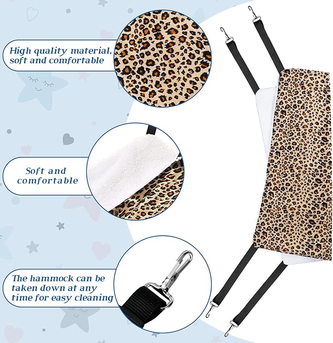 Jetec 2 Pack Cat Hammock for Cage, Catio Accessories Reversible Soft Cats Bed with Adjustable Straps and Hooks Double-Sided Linen and Fleece Hanging Hammock for Cats, Kitten(Leopard and Dot,S)