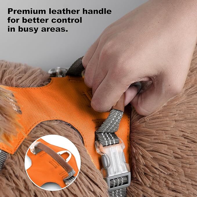 No Pull Dog Harness – Adjustable Reflective Nylon Vest for Small Medium Large Dogs, Escape Proof Training Harness with Leather Control Handle, Lightweight Aluminum Hardware (Orange, XL)