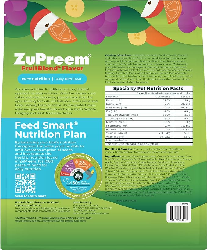 ZuPreem FruitBlend Flavor Pellets Bird Food for Medium Birds, 2 lb (Pack of 2) - Daily Blend Made in USA for Cockatiels, Quakers, Lovebirds, Small Conures