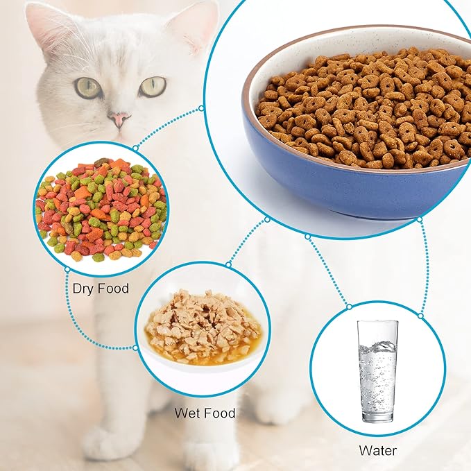 5.19 in Ceramic Cat Dishes, Howise Shallow Cat Food Bowls Small Pet Bowls Cat Food Dish for Food and Water, 3 Pack Ceramic Cat Bowls, Navy