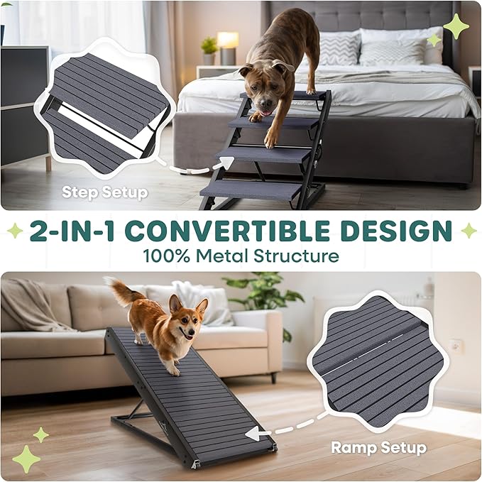 2-in-1 Metal Dog Ramp/Stairs, Dog Ramp for Bed, Couch and Car, Nonslip Carpet, Wheels, up to 250lbs, Outdoor Indoor, (40" Lx17 W) 19" to 25" Adjustable Height, for Small Medium Large Pets