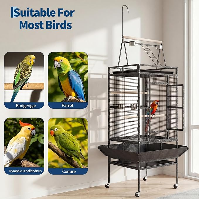 Large 82" Parrot Cage with Wheels, Play Top & Rope Perch - Spacious Flight Bird Cage for Parakeets, Cockatiels, Conures - Powder-Coated Speckled Black