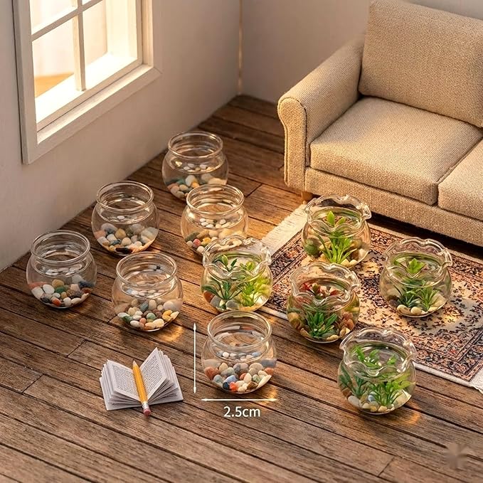 LOGOFUN 12 Pcs Miniature Fish Bowls Simulated Mini Fish Tank Miniature Glass Goldfish Bowl for Mini House Desktop Office Desk Accessories 2.50x2.50x2.00cm/0.98x0.98x0.79in