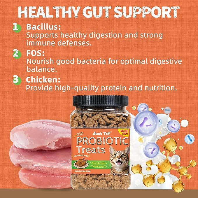 Just Try 16 OZ Probiotic Cat Treats Support Gut Health Chicken Flavor Healthy Cat Snacks Training Biscuits (Probiotic)
