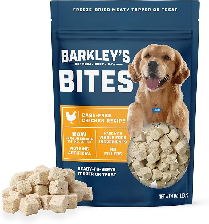 Barkley’s Bag Chicken Bites, Freeze Dried Dog Treats and Food Topper, Protein Packed, Made with Chicken and Brown Rice, Small Bite-Sized Pieces for Training Rewards, American Made Dog Snacks, 4 Oz Bag