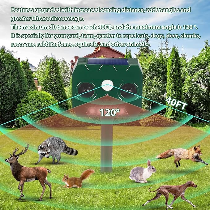 2025 Solar Ultrasonic Animal Repellent Sonic Fortress Pro Deer Repellent Rabbit Repeller Raccoon Squirrel Deterrent with Flash Light Motion Sensor to Keep Cat Dog Fox Skunk Out of Garden Yard(4Pack)