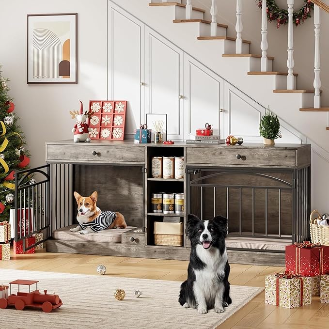 GAOMON Dog Crate Furniture for 2 Dogs, 78.7'' Large Dog Kennel Indoor with 2 Storage Drawers, 3 Shelves and Feeding Bowls, Double Dog Crate TV Stand for Small and Medium Dogs, Gray