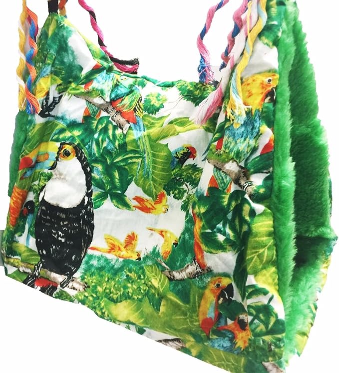 Parrot Printed Happy Hut Pet Cozzy Cage Snuggle Tent Bunk Hammock Bird Toy Toys Craft Cages Cockatiel Budgie Lovebird (Small, Green Print)