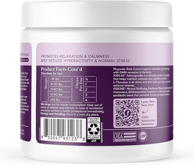 Fera Pets Dog Calming Chews - Helps Manage Everyday Stress & Separation - Promotes Relaxation - Ashwagandha & Priome® Mental Wellbeing Postbiotic Blend - 90 Soft Chews