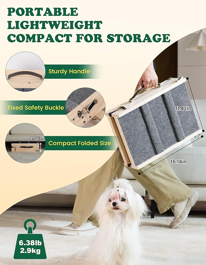 Dog Ramp Dog Stairs for Small Dogs Foldable Dog Ramp with 4 Adjustable Heights from 7.48'' to 15.35" Wood Pet Ramp with Non Slip Carpet Portable Puppy Ramp for Couch, Sofa, Low Bed