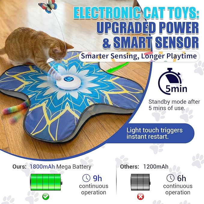 Interactive Cat Toy for Indoor Cats, Touch Activated Automatic Electronic Cat Toy with Sound On/Off, Dual Wands, Non-Slip Suction Cups, Rechargeable Hide and Seek Cat Play Mat for Bored Adult Kittens