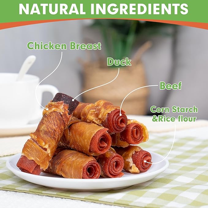 MON2SUN Rawhide Free Dog Treats, 3 Inch Triple Flavor Chicken Wrapped Duck and Beef Rolls for Small Dogs, Healthy Snacks, 21.16oz