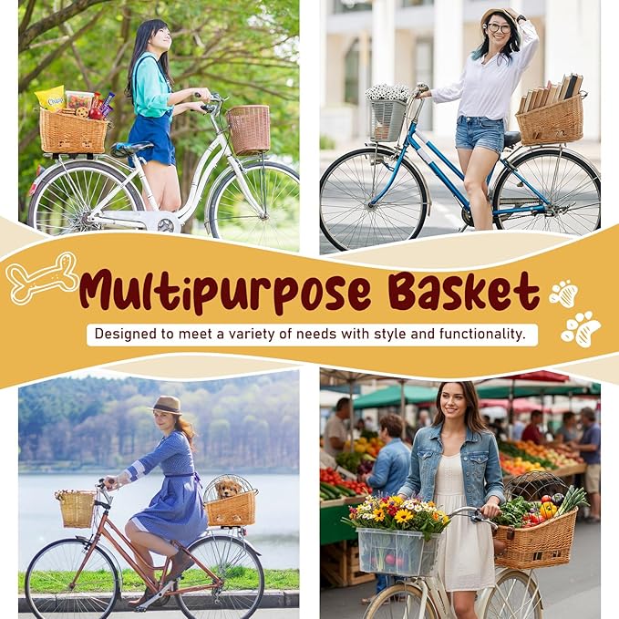 Wicker Dog Bike Basket, Rattan Pet Carrier for Small Dogs Cats with Protective Grille, Includes Ice Pad and Soft Cotton Cushion, for Secure Bicycle Rear Luggage Rack