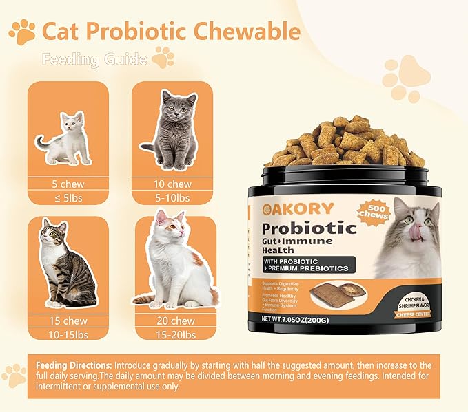 Cat Probiotics for Digestive Health - 500 Chicken Flavor Chews with Prebiotics | Supports Gut Health, Relieves Constipation & Diarrhea, Improves Stool Quality & Nutrient Absorption
