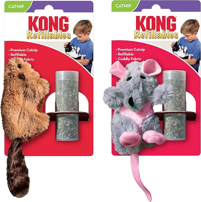 KONG Refillables Catnip Toys, Assorted 2-Pack – Plush Cat Toys with Refillable Catnip Pouch & Premium North American Catnip (Beaver and Rat)