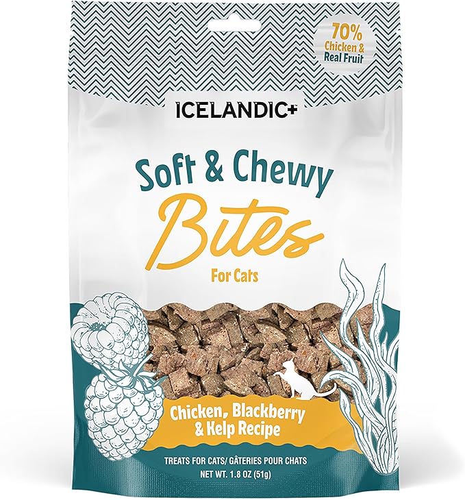 Icelandic+ Soft & Chewy Bites - Chicken, BlackBerry & Kelp - 1.8oz Cat Treats, 70% Meat & Fruit, Air-Dried, Limited Ingredients, Pet Snack, Grain Free