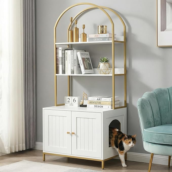 Homhedy Cat Litter Box Enclosure, Litter Box Furniture Hidden with 2-Tier Storage Shelves, Wooden Cat Washroom Furniture with Metal Frame, Modern Style, White and Gold