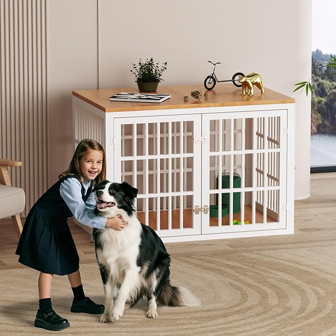 Heavy Duty Dog Crate Furniture for Large and Medium Dogs, Dog Kennel Indoor Furniture, Indestructible Metal Crate with Double-Doors, Dog Crate End Table, Chew-Resistant, 38 Inch White