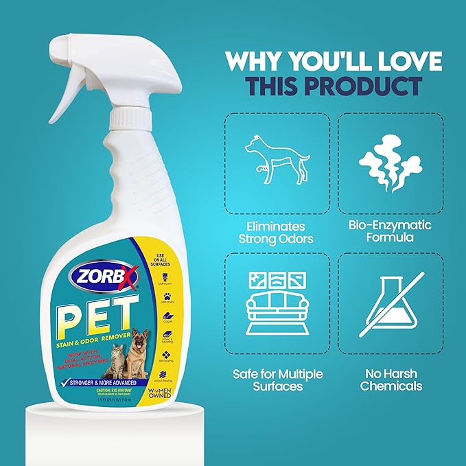 ZORBX Pet Stain and Odor Remover Spray 24 FL Oz - Dual Action Stain Remover & Pet Odor Neutralizer - Pet Stain Remover for Carpet, Dog & Cat Urine - Odor Absorber for Strong Odor