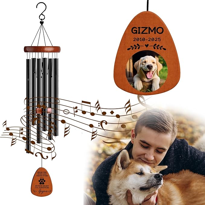 Personalized Pet Memorial Wind Chimes with Photo Pet Memorial Gifts for Dogs Pet Bereavement Gifts Custom 25.5 Inch Wind Chimes for Garden Patio for Loss of Dog Cat Puppy (Silver, Design 4)
