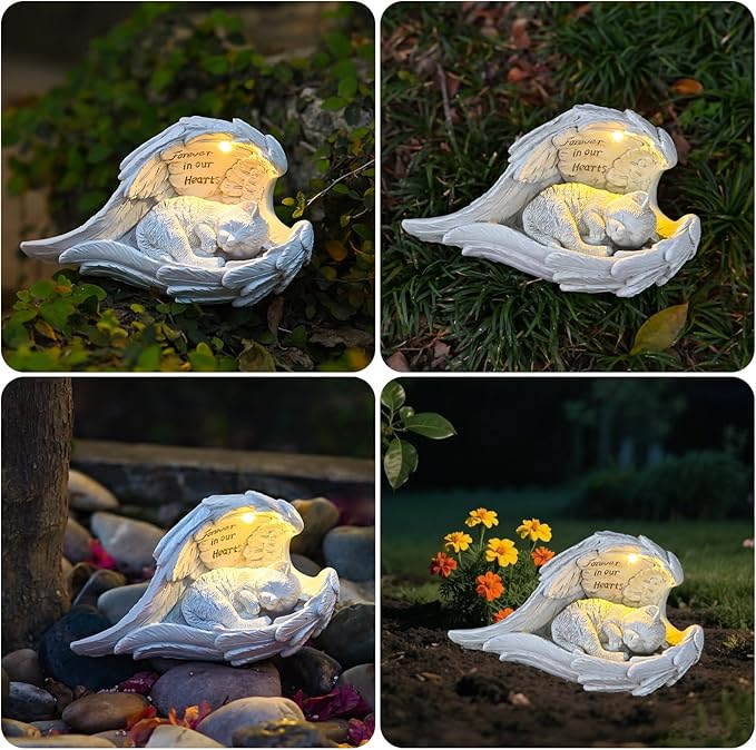 VEEKI Cat Memorial Gifts for Loss of Cat, Peaceful Sleeping Solar Angel Cat Statue Outdoor Waterproof, Resin Cat Figurine Pet Memorial Stone for Garden Grave Markers, Loss of Pet Sympathy Gift (Cat)