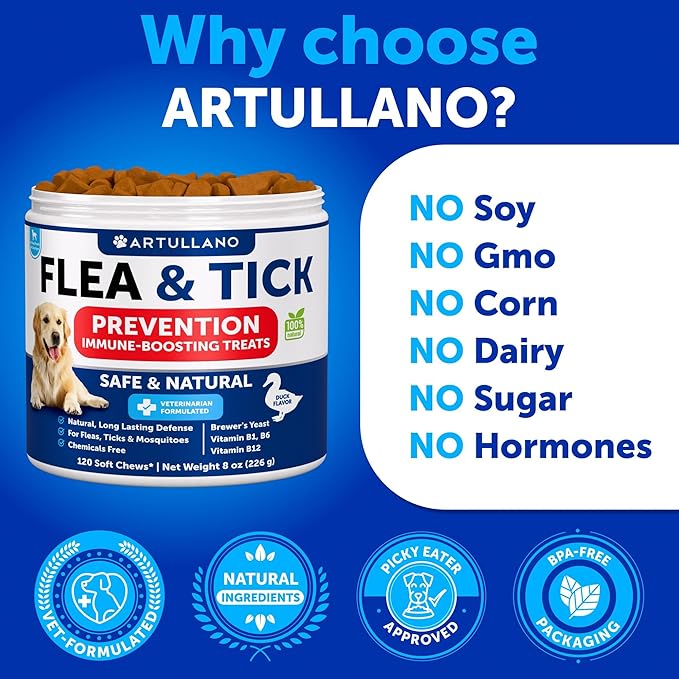 Flea and Tick Prevention for Dogs Chewables - Made in USA - Natural Flea and Tick Supplement for Dogs - 240 Immune Support Chews (2 Pack) - Vitamins B1, B6, B12 - All Breeds and Ages
