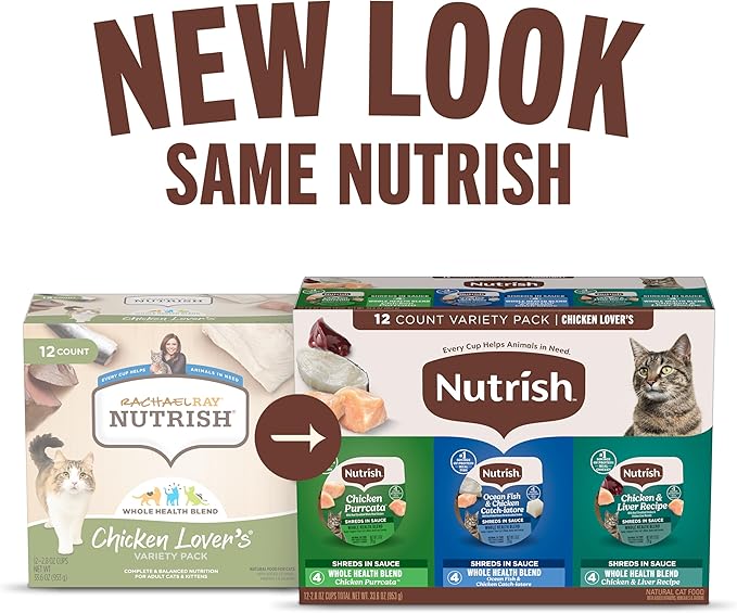 Nutrish Grain Free Chicken Lover's Whole Health Blend Variety Pack Wet Cat Food, 2.8 oz. Cup, 12 Count (Rachael Ray)