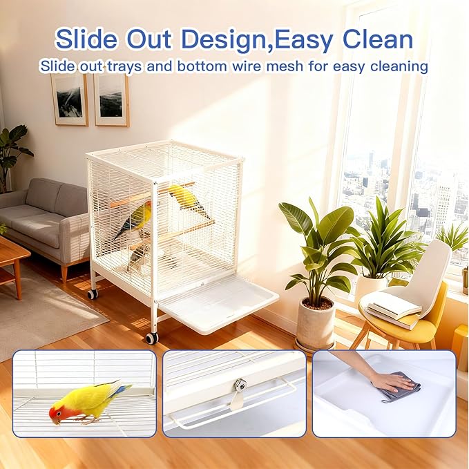 19x19x26 Inch Large Bird Cage for Parrots & Parakeets, Birdcages with Stand & Wheels, Easy Clean Slide Out Tray, Include Wood Perches, Feeder & Water Bottle for Cockatiel, Lovebird, Pigeon, White