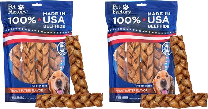 Pet Factory 7in Braided Beefhide Dog Chew Sticks with Peanut Butter Flavor - 100% USA Made Rawhide Chews for Medium Dogs, Long Lasting Dental Health, 7 inches (), 6 Count (Pack of 2)
