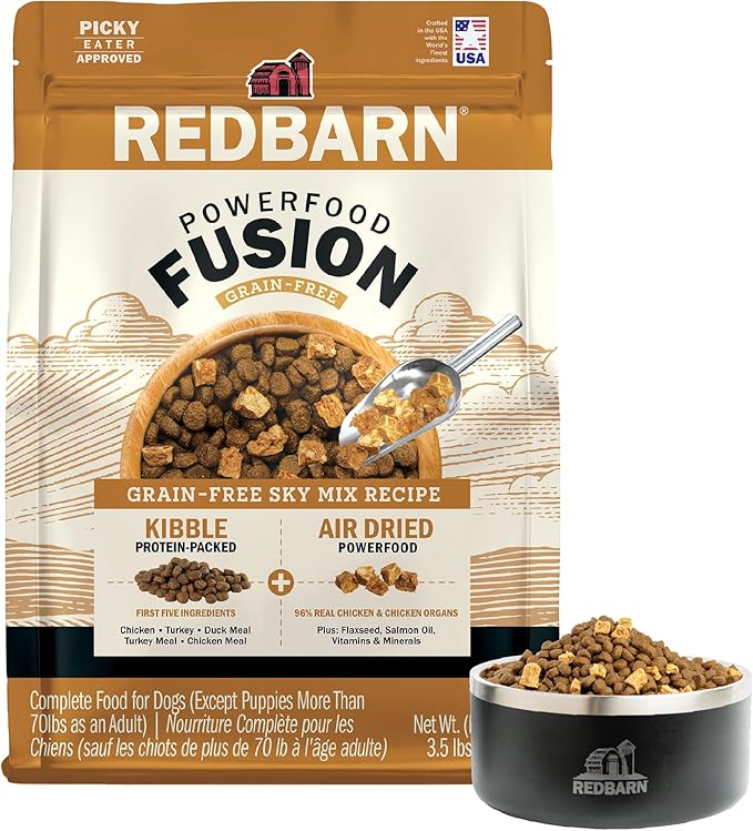 Redbarn Powerfood Fusion Air Dried Kibble Blend – Grain Free Sky Chicken Recipe – Made in USA Dry Dog Food for All Lifestages with Superfoods, Prebiotics, Postbiotics - 3.5lb Bag