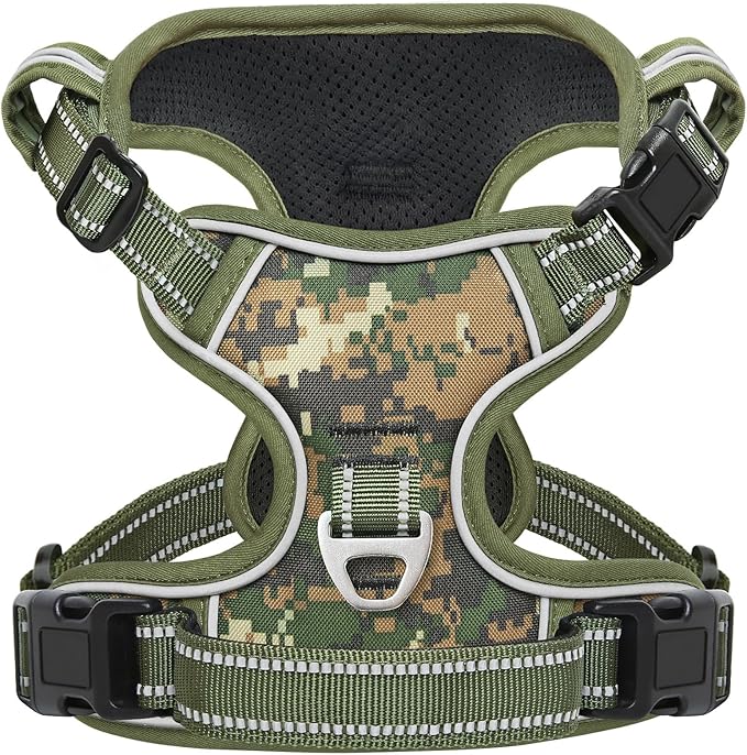 Timos Dog Harness Large Sized,No Pull Dog Harness Adjustable Metal Rings 3 Buckles,Reflective No Choke with Easy Control Handle for Large Dogs,Military Green L