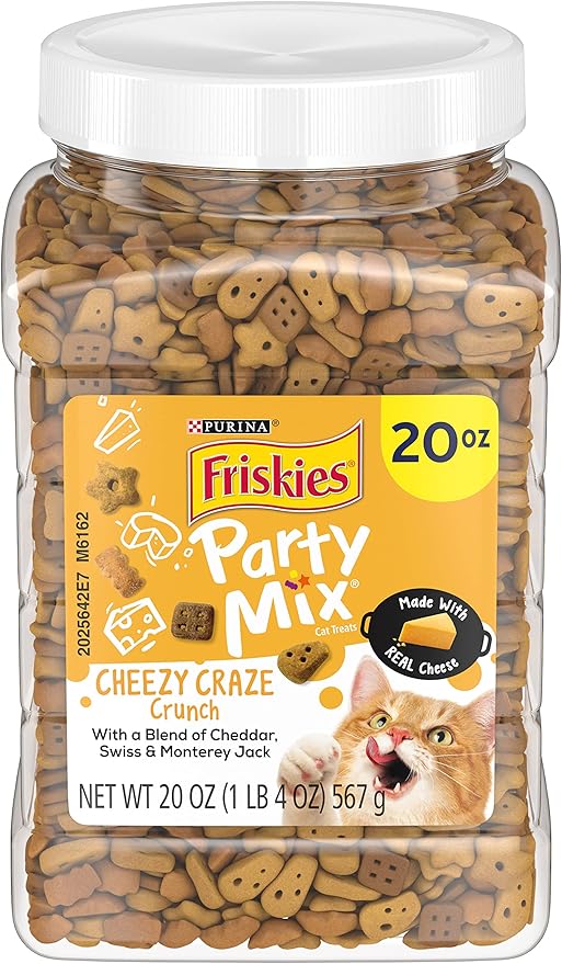 Purina Friskies Party Mix Cat Treats, Cheezy Craze Crunch, Blend of Cheddar, Swiss & Monterey Jack, Cat Treats Made with Real Cheese, 20-Ounce Canister (Pack of 2)