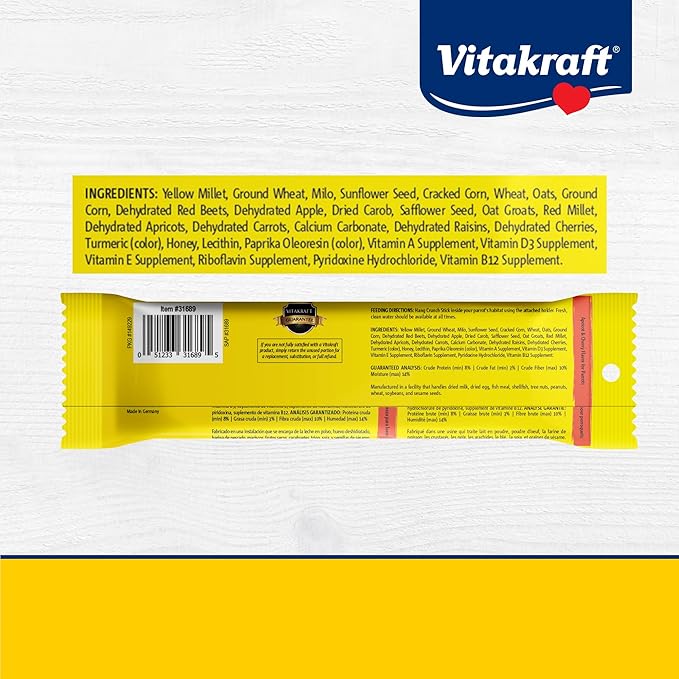 Vitakraft Crunch Sticks for Parrots Apricot and Cherry Flavor Natural Wood Chew Center with Clip Holder Long Lasting Treats for Conures and Parrots - 5.5 oz 2 Sticks
