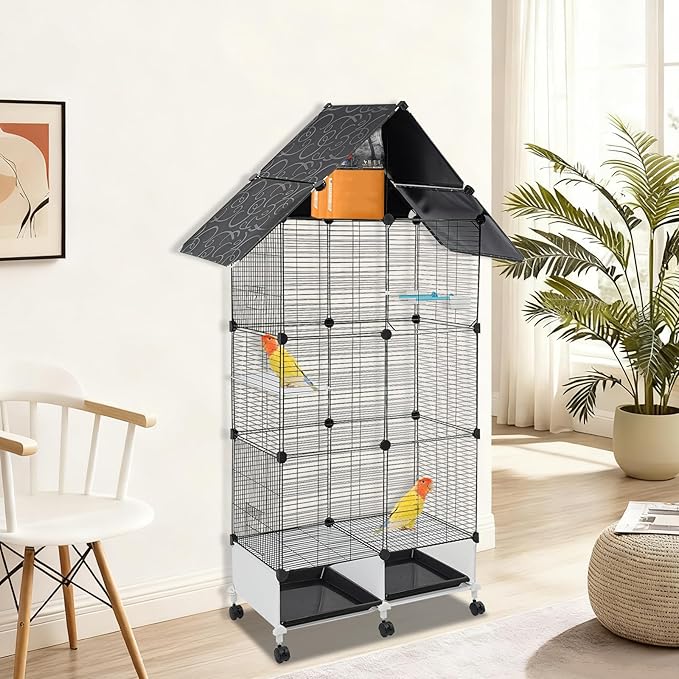 64 Inch 3-Tier Big Bird Cage with Food & Water Bowls Parakeet Bird Cage with Stand, Wheels Metal Birdcage Parrot Cage for Parakeet, Lovebirds, Ringneck, Cockatiels (Black, 3-Tier)