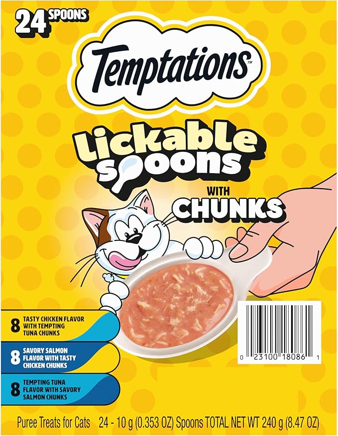 Temptations Lickable Spoons, Soft Lickable Cat Treats, Adult Wet Cat Treats, Variety Pack, 24 Spoons