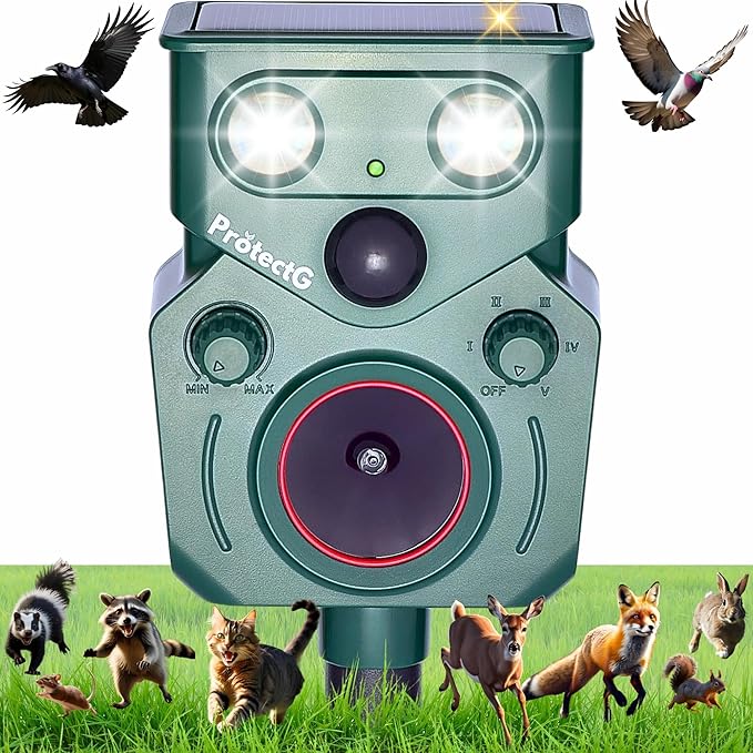 Solar Ultrasonic Animal Repellent Outdoor - Motion Activated Deterrent with Flashing LED Light - Waterproof Yard & Garden Protector for Deer, Cat, Racoon, Squirrel, Rodents, Bird (1 Pack)