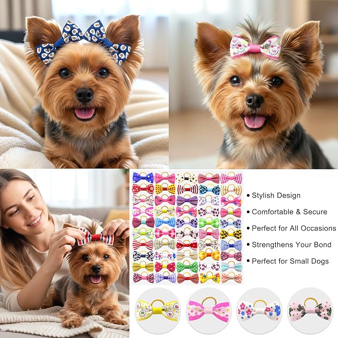 Puppy Dog Hair Bows: 2 inches with Rubber Bands Small Pet Grooming Girl Doggy Accessories 100pcs (50 Pairs)