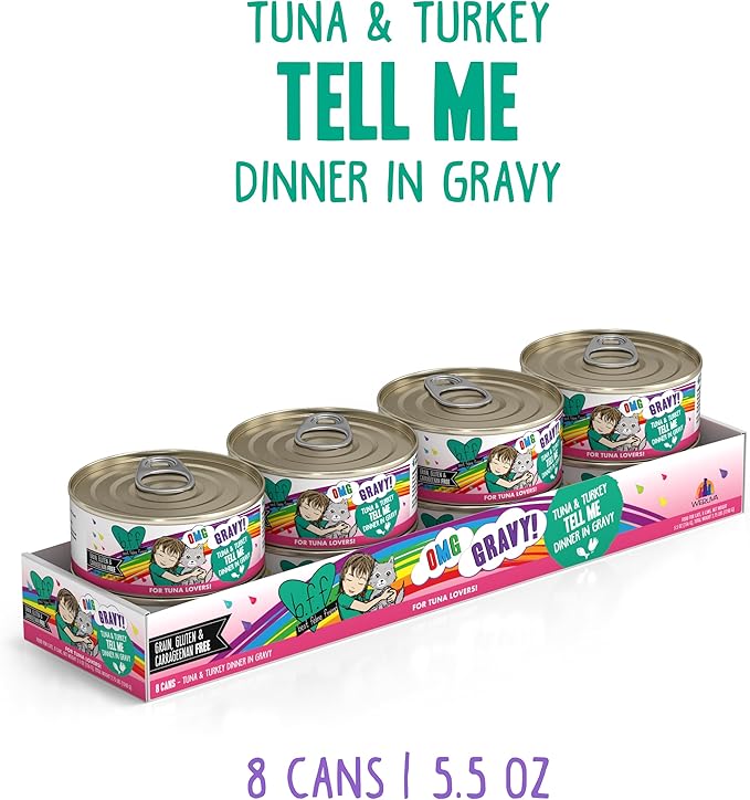 Weruva B.F.F. OMG - Best Feline Friend Oh My Gravy!, Tuna & Turkey Tell Me with Tuna & Turkey, 5.5oz Can (Pack of 8)