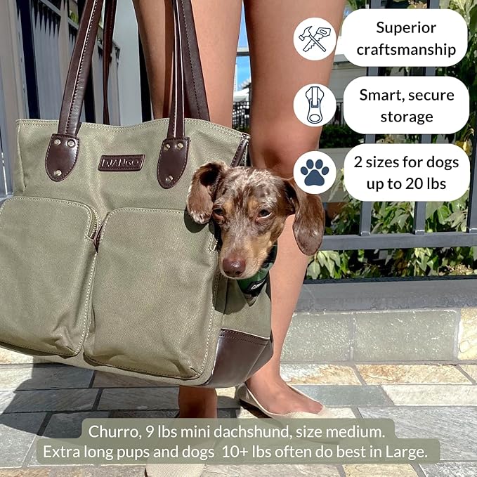 DJANGO Waxed Canvas & Leather Dog Carrier Tote Bag – Premium Soft-Sided Travel Dog Purse with Safety Leash, WR Lining, & Large Zipper Pockets – Everyday Pet Carrier for Small Dogs (Olive, Medium)